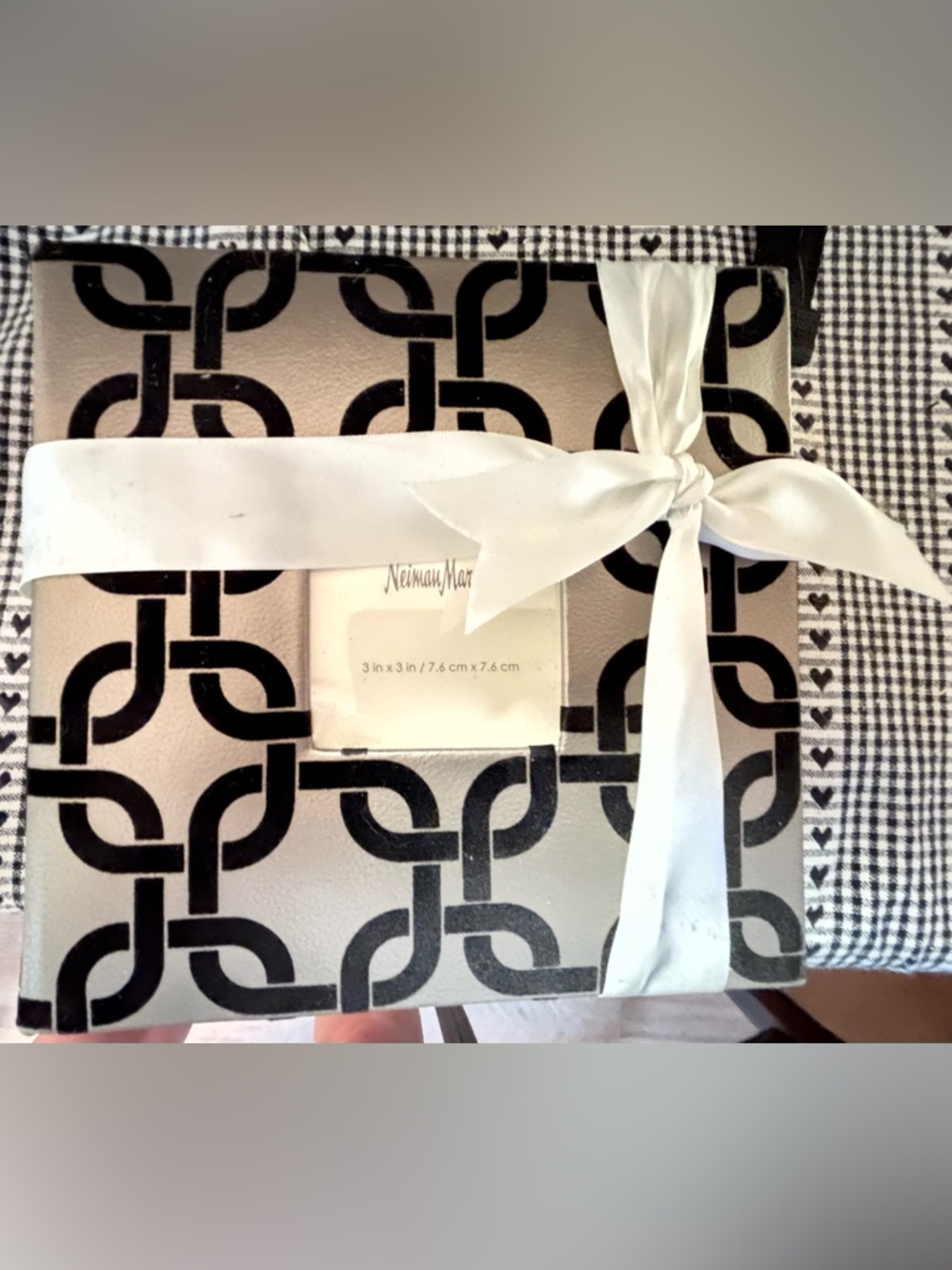 Neiman Marcus Black & Silver Geometric Photo Frame with White Ribbon